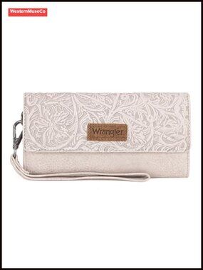 Large Trifold Wristlet Wallet RFID Vegan Leather Tooling Western
